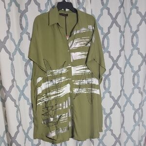 Chic Olive Green Women's Short Sleeve Shirt/ Tunic with Silver Patterns